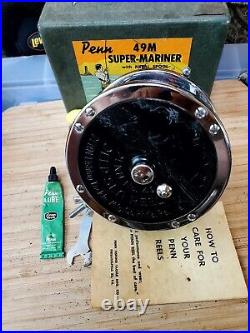 1950's Vtg Penn 49M Super Mariner Big Game Reel WithBox Manual Tools Near Mint