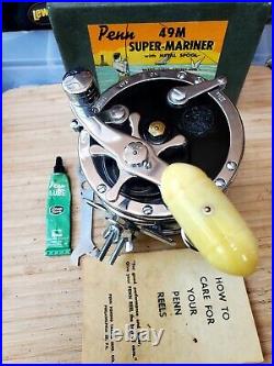 1950's Vtg Penn 49M Super Mariner Big Game Reel WithBox Manual Tools Near Mint