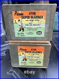 2 Vintage PENN 49M Super-Mariner FISHING REELS Metal Spool with Box