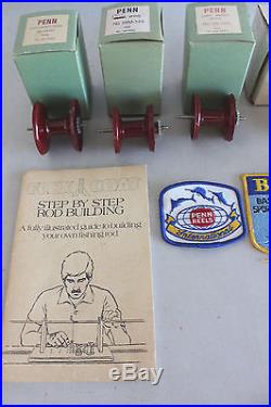 3 PENN ONE TIBURON REEL, ROD BUILDING BOOK, PENN AND BASS ANGLERS PATCHES