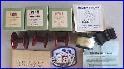 3 PENN ONE TIBURON REEL, ROD BUILDING BOOK, PENN AND BASS ANGLERS PATCHES