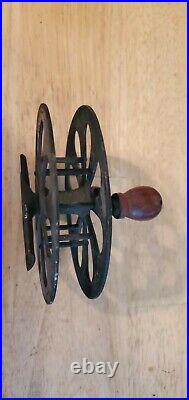 Antique Metal Side-Mounted Fly Fishing Reel with Wood Knobs 5 Diameter no mfg mrk