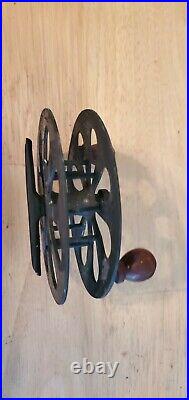 Antique Metal Side-Mounted Fly Fishing Reel with Wood Knobs 5 Diameter no mfg mrk