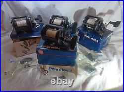 LOT OF 4 VERY CLEAN PENN 320 GTI LEVELWIND REELS WithROD CLAMPS MADE IN USA WithBox