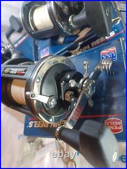 LOT OF 4 VERY CLEAN PENN 320 GTI LEVELWIND REELS WithROD CLAMPS MADE IN USA WithBox