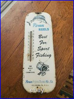 Lg. Vintage, Seldom Seen, Metal Penn Fishing Reel Working Thermometer Free Ship