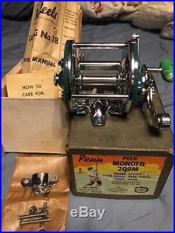 Nice Used Vintage Green Penn Monofil # 209M Fishing Reel in Box With Accessories