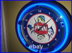Penn Deep Sea Fishing Reel Bait Shop Store Advertising Neon Wall Clock Sign