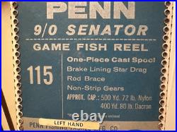 Penn LEFT HAND 9/0 Senator Red Handle Fishing Reel LEFTY MADE IN USA VINTAGE 115