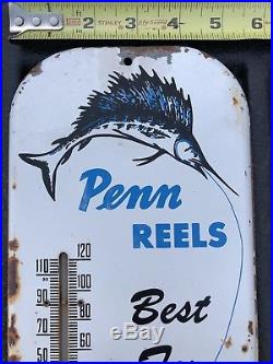 VINTAGE 50s PENN REELS TIN THERMOMETER SIGN PHIL PA OLD Ocean Sport FISHING ADV