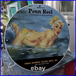 Vintage 1941 Penn Reel Fishing Tackle Manufacturing Co Porcelain Gas & Oil Sign