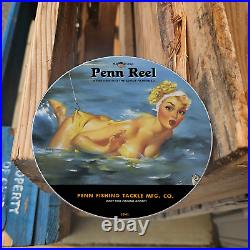 Vintage 1941 Penn Reel Porcelain Gas Oil 4.5 Sign