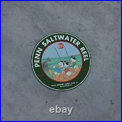 Vintage 1956 Penn Saltwater Reel Fishing Tackle Porcelain Gas & Oil Pump Sign