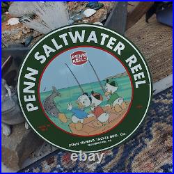 Vintage 1956 Penn Saltwater Reel Fishing Tackle Porcelain Gas & Oil Pump Sign