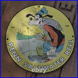 Vintage 1958 Penn Saltwater Fishing Tackle Reel Porcelain Gas & Oil Pump Sign