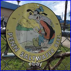 Vintage 1958 Penn Saltwater Fishing Tackle Reel Porcelain Gas & Oil Pump Sign