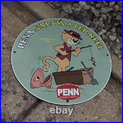 Vintage 1961 Penn Saltwater Fishing Reels Rods Porcelain Gas & Oil Pump Sign