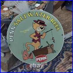 Vintage 1961 Penn Saltwater Fishing Reels Rods Porcelain Gas & Oil Pump Sign