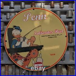 Vintage 1966 Penn Saltwater Reel Fishing Tackle Porcelain Gas & Oil Pump Sign