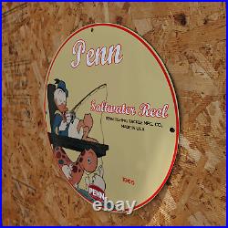 Vintage 1966 Penn Saltwater Reel Fishing Tackle Porcelain Gas & Oil Pump Sign
