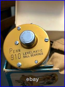 Vintage Gold Penn 910 Levelmatic Bait Casting Reel with Box & Dust Bag EXCELLENT