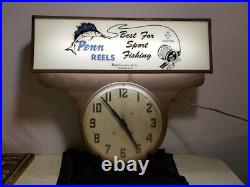 Vintage Light-Up Advertising Display Sign Drop Clock Penn Reels Fishing Tackle