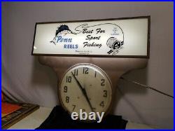 Vintage Light-Up Advertising Display Sign Drop Clock Penn Reels Fishing Tackle