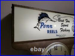 Vintage Light-Up Advertising Display Sign Drop Clock Penn Reels Fishing Tackle