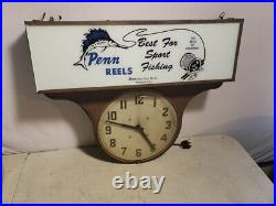 Vintage Light-Up Advertising Display Sign Drop Clock Penn Reels Fishing Tackle