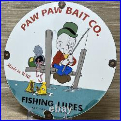 Vintage Paw Paw Bait Co Porcelain Sign Tackle Fishing Lures Rapala Penn Reels