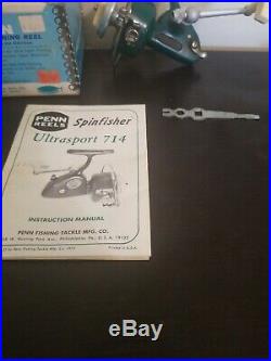 Vintage Penn 714 Ultrasport Green Spinfisher Spinning Fishing Reel 1975 USA +BOX