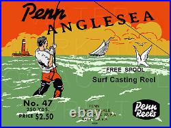Vintage Penn Anglesea #47 Fishing Reel Box Label Recreated on Satin Canvas