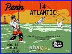 Vintage Penn Atlantic #14 Fishing Reel Box Label Recreated on Satin Canvas