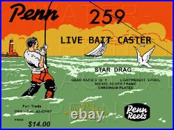 Vintage Penn Bait Caster #259 Fishing Reel Box Label Recreated on Satin Canvas
