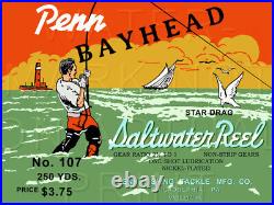 Vintage Penn Bayhead #107 Fishing Reel Box Label Recreated on Satin Canvas