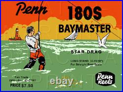 Vintage Penn Baymaster #180S Fishing Reel Box Label Recreated on Satin Canvas