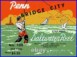 Vintage Penn Bridge City #100 Fishing Reel Box Label Recreated on Satin Canvas