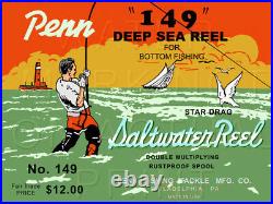 Vintage Penn Deep Sea #149 Fishing Reel Box Label Recreated on Satin Canvas