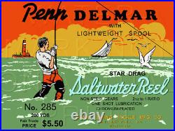 Vintage Penn Delmar #285 Fishing Reel Box Label Recreated on Satin Canvas