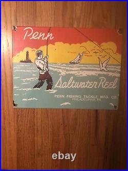 Vintage Penn Fishing Reels 11 3/4 X 7 3/4 Porcelain Tackle Sale Lure Sign