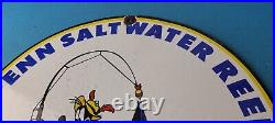 Vintage Penn Fishing Reels Goofy Porcelain Tackle Rods Saltwater Gas Pump Sign