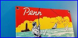 Vintage Penn Fishing Reels Porcelain Gas Oil Tackle Sales Service Lures Sign