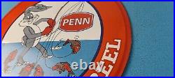 Vintage Penn Fishing Reels Porcelain Gas Pump Tackle Sales Service Lures Sign
