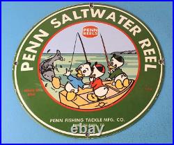 Vintage Penn Fishing Reels Porcelain Gas Station Tackle Sales Service Lures Sign
