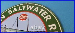 Vintage Penn Fishing Reels Porcelain Gas Station Tackle Sales Service Lures Sign