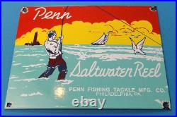 Vintage Penn Fishing Reels Porcelain Saltwater Rods & Tackle Sales Service Sign