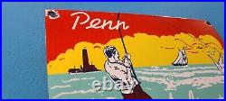 Vintage Penn Fishing Reels Porcelain Saltwater Rods & Tackle Sales Service Sign