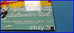 Vintage Penn Fishing Reels Porcelain Saltwater Rods & Tackle Sales Service Sign