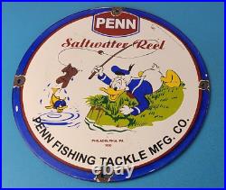 Vintage Penn Fishing Reels Porcelain Sign Saltwater Gear Gas Pump Plate Sign