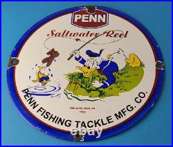 Vintage Penn Fishing Reels Porcelain Sign Saltwater Gear Gas Pump Plate Sign